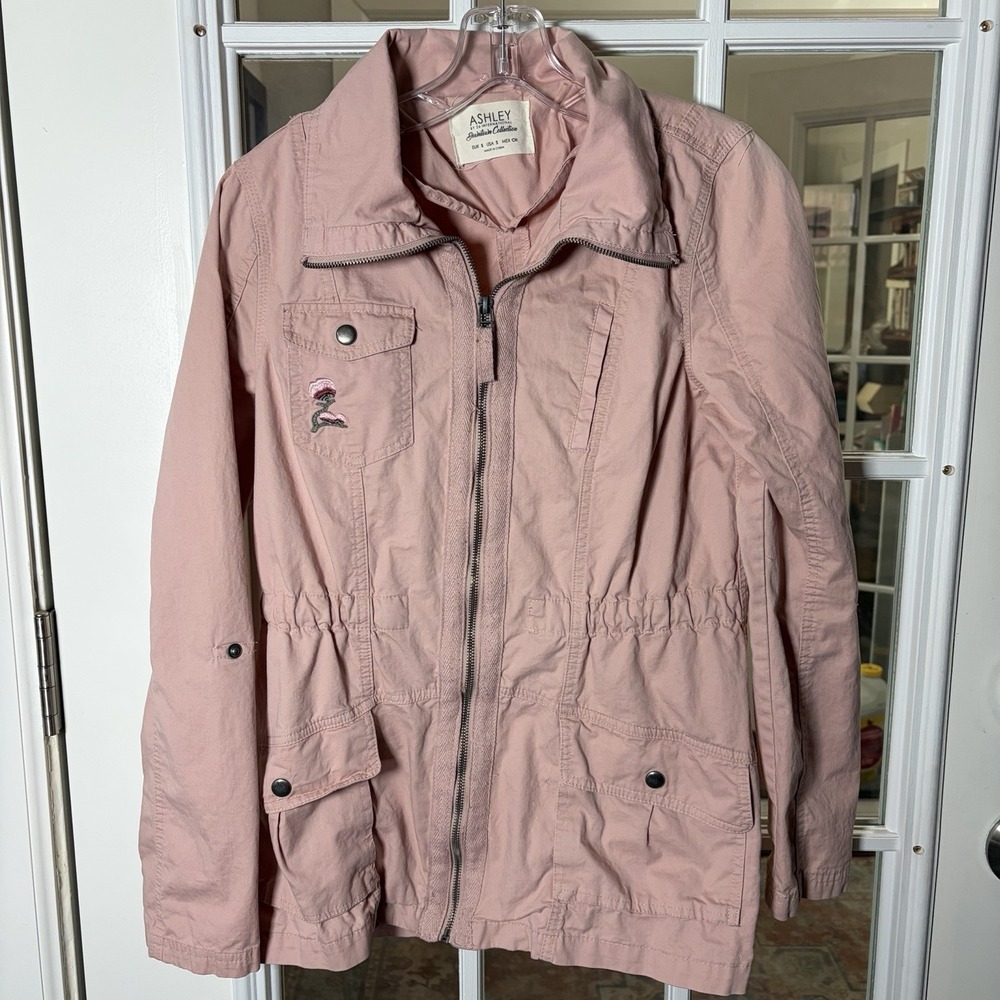 Pink Embroidered Utility Jacket Size Small Floral Full Zip Lightweight